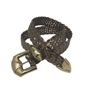 Cowgirl Leather Belt Western Basket Weave Motif Fashion 30 inch Gold Tone